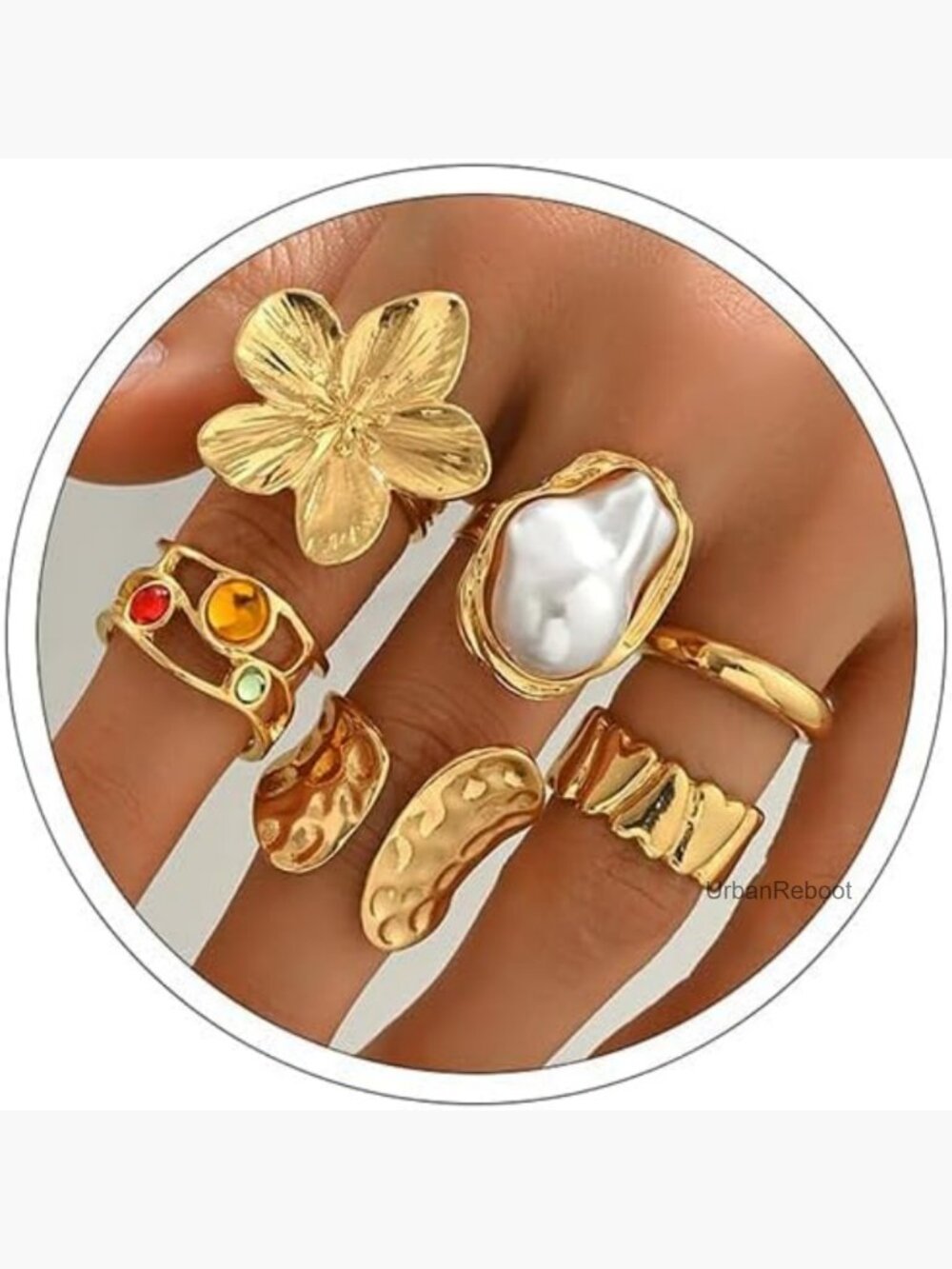 6pcs Stackable Chunky Rings Set - Flower Baroque Pearl Ring Non Tarnish Gold